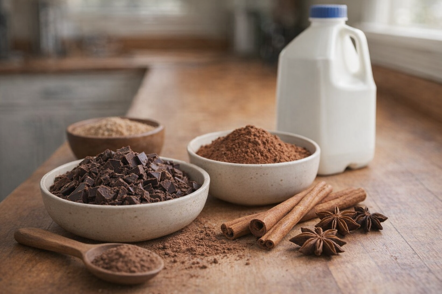 A close-up shot of various ingredients for hot chocolate: cocoa powder, chopped dark chocolate, a carton of milk, and spices like cinnamon sticks and star anise, arranged on a wooden countertop